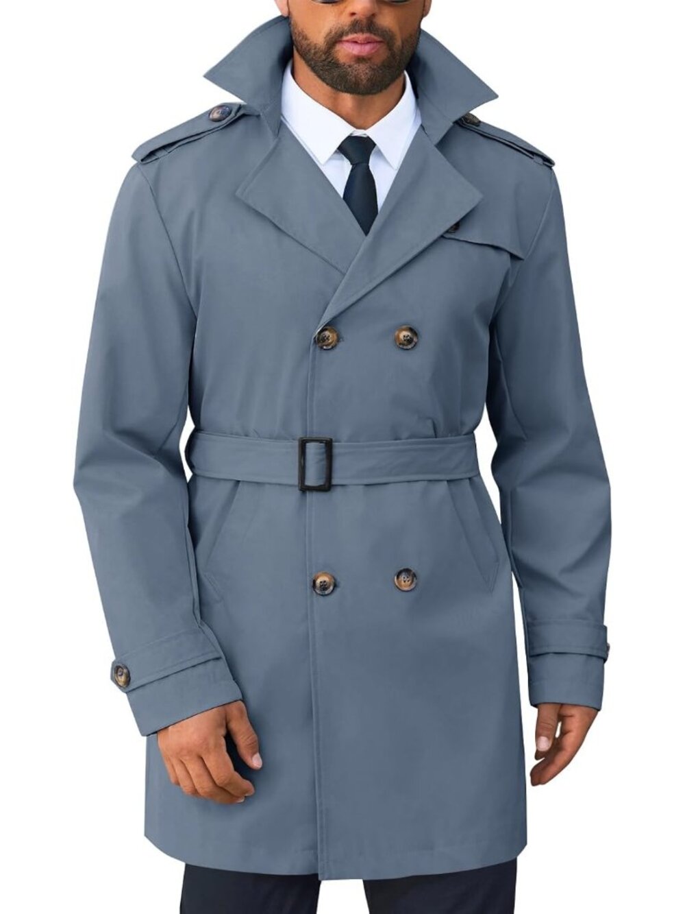 Men's Bluish Gray Trench Coat Double Breasted  Long Jacket Belted Slim Fit Overc